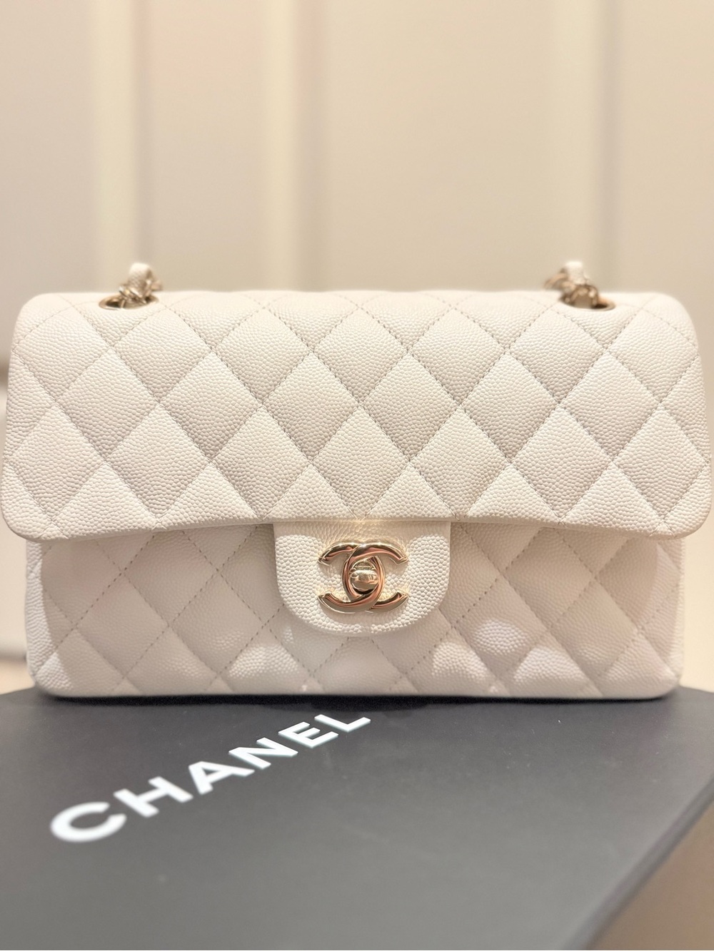 Chanel Classic Small Caviar Flap Bag in White with Gold Hardware Chip code 2023